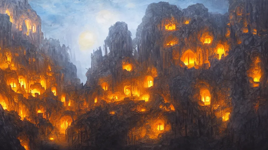 Prompt: a cave with a medieval city inside the city is lit up with orange Cristal's hanging from the cave roof, highly detailed oil painting, epic fantasy art, abstraction, masterpeice, 8k