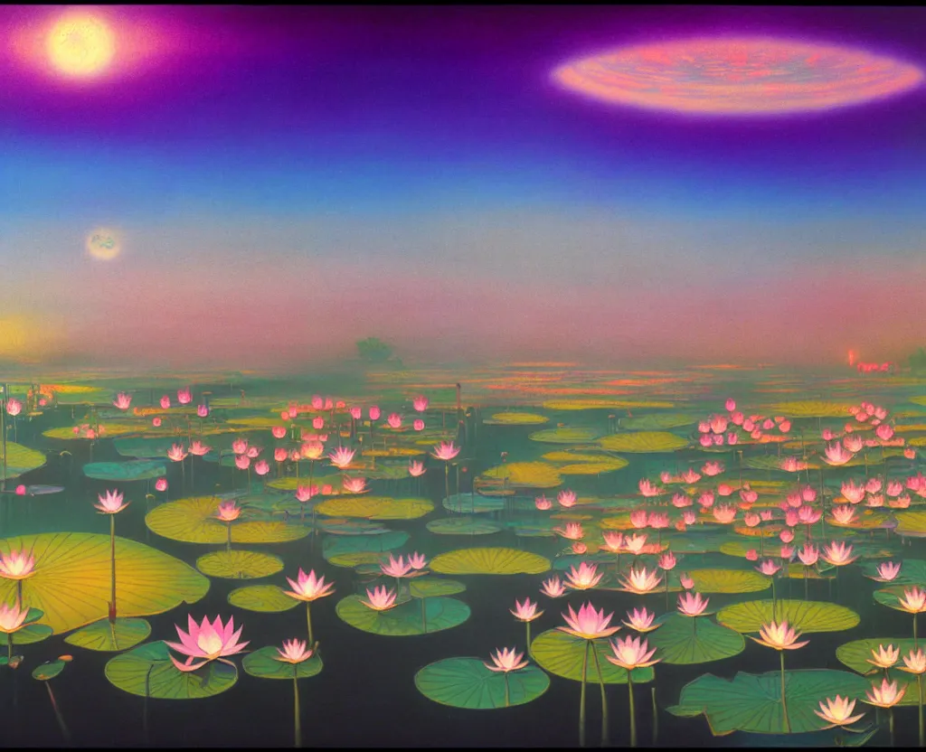 Image similar to a landscape pastel in the style of noriyoshi ohrai of a field of lotus flowers, glowing with iridescent mana, night time early dawn. key art. 4 k retrofuturistic fantasy