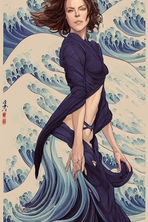 Prompt: kate beckinsdale as a heroine with a dress inspired by the great wave off kanagawa by Hokusai, digital painting, artstation, concept art, smooth, sharp focus, illustration, art by artgerm and donato giancola and Joseph Christian Leyendecker, Ross Tran, WLOP