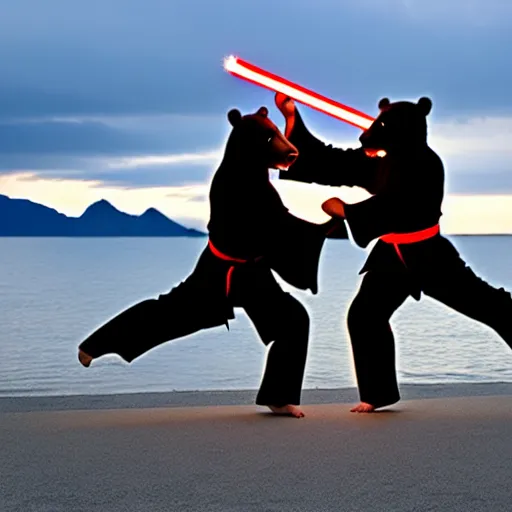 Prompt: kodiak bears kung - fu fighting with lightsabers on a lakefront, dusk,
