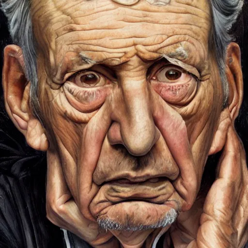 Image similar to high quality high detail painting by lucian freud, hd, portrait of an older man, worried, sad, handsome face, brown skin, short white beard, a tear falls from his right eye, photorealistic lighting