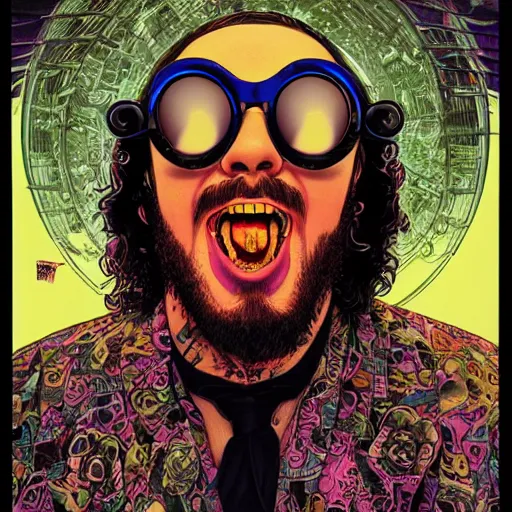 Prompt: portrait of crazy post malone with round digital sunglasses, vampire, symmetrical, by yoichi hatakenaka, masamune shirow, josan gonzales and dan mumford, ayami kojima, takato yamamoto, barclay shaw, karol bak, yukito kishiro