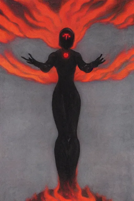 Image similar to Woman made of black flames, wearing a strict business suit, with no face, with glowing red eyes, with a red halo over her head, by Annie Swynnerton and Nicholas Roerich, madness combat, strong dramatic cinematic lighting , blood red sky, grey skin, smooth, sharp focus, extremely detailed