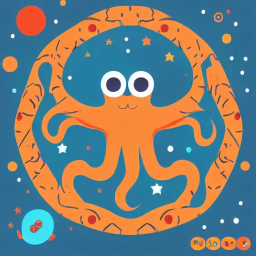 Image similar to a simplified vector based illustration about a very cute galactic octopus bunny, style of Akira motion movie, space colors, smooth and clean vector curves, no jagged lines, vinyl cut ready