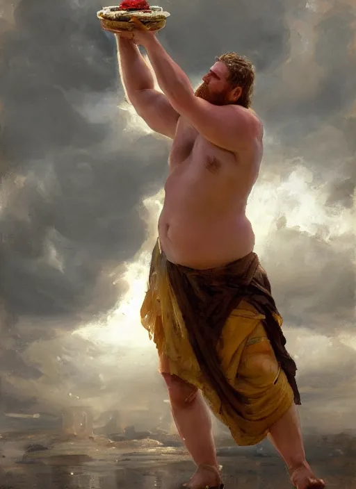 Image similar to beautiful oil painting portrait of hefty ethan van sciver as an ancient roman god holding up a steaming pie with one arm, art by anders zorn, wonderful masterpiece by greg rutkowski, expressive brush strokes, beautiful cinematic light, american romanticism by greg manchess, jessica rossier