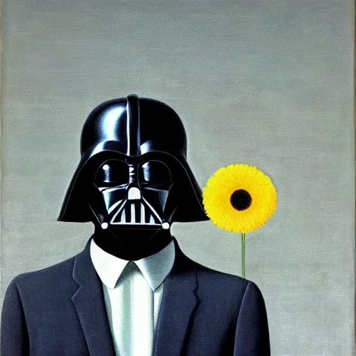Prompt: portrait of darth vader smelling a flower, painting by rene magritte, high detail, high resolution