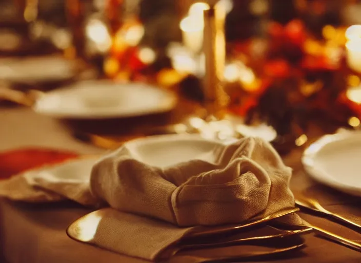 Image similar to a 3 5 mm photo of a table set for thanksgiving, bokeh, canon 5 0 mm, cinematic lighting, dramatic, film, photography, golden hour, depth of field, award - winning, 3 5 mm film grain, retro, film, kodachrome