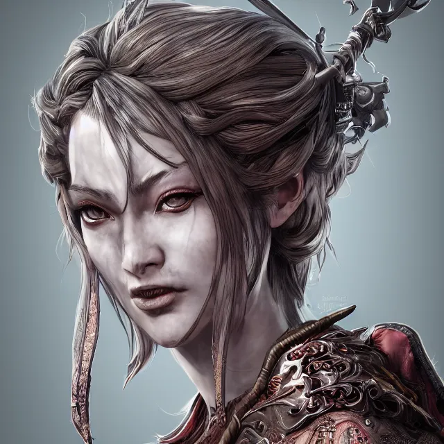 Image similar to the portrait of neutral evil fallen female knight vagabond as absurdly beautiful, conniving, elegant, sophisticated, woman, an ultrafine hyperdetailed illustration by kim jung gi, irakli nadar, intricate linework, bright colors, octopath traveler, final fantasy, unreal engine 5 highly rendered, global illumination, radiant light, detailed and intricate environment