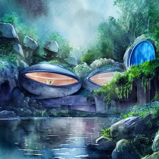 Image similar to beautiful happy picturesque charming sci - fi organic pod - like homes of the future in a beautiful natural scene. water, trees and rocks. beautiful light. soft colour scheme. beautiful artistic detailed watercolor by lurid. ( 2 0 2 2 )