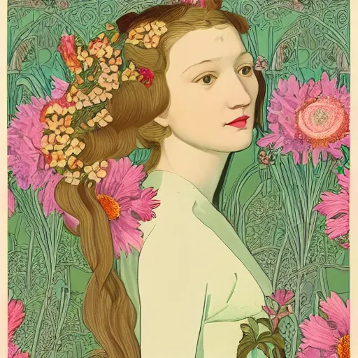 Prompt: a lot of flowers patterns morphing in a beautiful girls face, art nouveau wallpaper, film still by wes anderson, depicted by balthus, limited color palette, very intricate, art nouveau, highly detailed, lights by hopper, soft pastel colors, minimalist