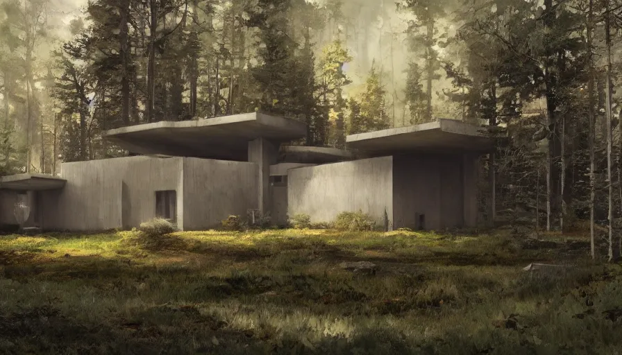 Prompt: brutalist house in the forest, cinematic shot, aaa game concept art oil painting by jama jurabaev, extremely detailed, brush hard, artstation, high quality, brush stroke