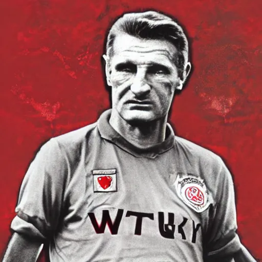 Image similar to Fritz Walter standing above Kaiserslautern as a football god, digital art, colored, highly detailed