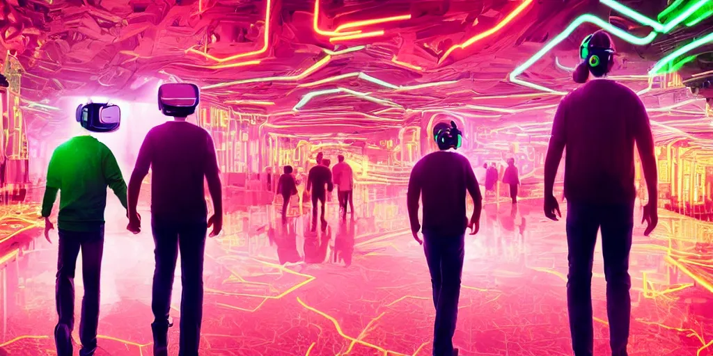 Prompt: a detailed hyper realistic photograph of a father and his son walking in a neon room with Virtual reality headsets experience digital wildlife, artstation, sophisticated, depth of field, Unreal engine, dystopia, anti-utopia, post processing, nostalgic melancholic artwork, intricate