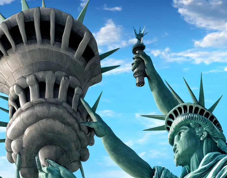 Image similar to giant metal mushroom instead statue of liberty, beautiful graphics, fantasy artwork, very beautiful scenery, hd, hdr, ue 5, ue 6, unreal engine 5, cinematic 4 k wallpaper, 8 k, ultra detailed