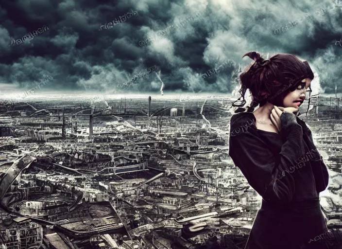 Image similar to mysterious sad rotten girl wrapped in smoke observing a big industrial city metropoli in the distance, cloudy sky, highly detailed, detailed face, intricate complexity, epic composition, magical atmosphere, cinematic lighting, masterpiece, color picture, ultra hd