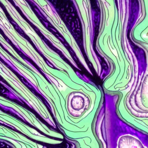 Image similar to a mushroom's gills from the bottom that is purple and grey with psychedelic patterns ; maximum realism ; maximum detailed close - up ; dramatic lighting