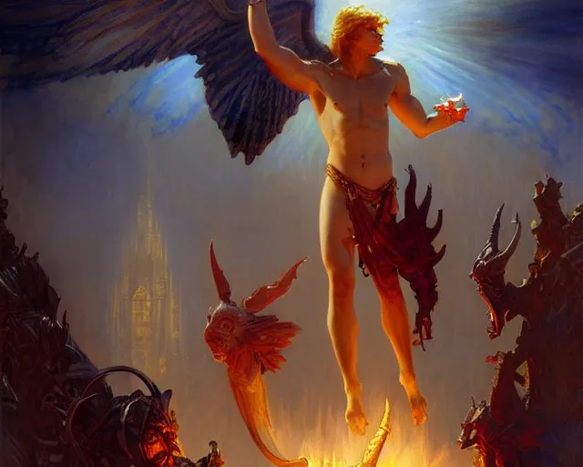 Image similar to attractive male deity, casting demonic magic, summoning handsome lucifer morning star. highly detailed painting by gaston bussiere, craig mullins, j. c. leyendecker 8 k