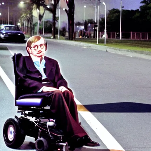 Image similar to stephen hawking in neon street racing and trying to escape police