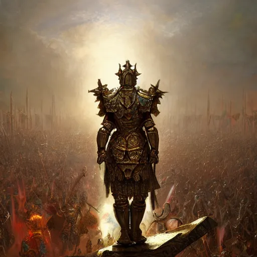 Image similar to artstation concept of a god in armor standing in a crowd gettig cheered, man with arms wide open, bright colorful, gold, hyperdetailed, artstation trending, world renowned artists, worth 1 0 0 0. com, historic artworks society, antique renewel, cgsociety, by greg rutkowski, by gustave dore, deviantart