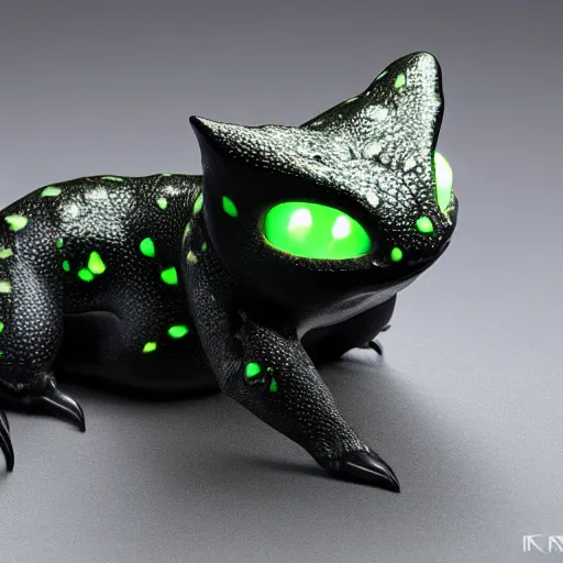 Image similar to realistic miniature of bioluminescent toothless on a studio shot, 1 0 0 mm, hyper realism, detailed, high definition, smooth, sharp focus