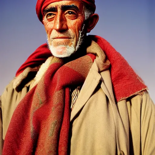 Image similar to portrait of president woodrow wilson as afghan man, green eyes and red scarf looking intently, photograph by steve mccurry