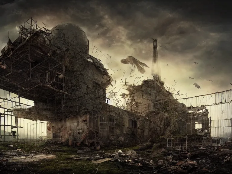 Image similar to postapocalyptic picture of caged raven, ruins around, nuclear explosion, erik johansson style, conceptual art, the last day on the earth, insane detail, hyper realistic 8 k textured