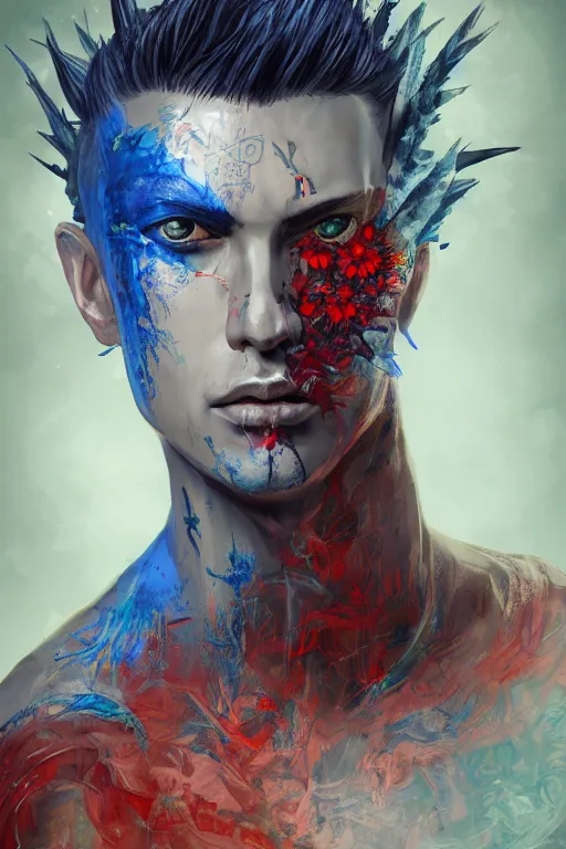 Image similar to portrait of beautiful young man, warhammer, japanic style, more and more cyberpunk, a lot of more scars, more and more flowers, blue head, some red water, the middle ages, highly detailed, artstation, illustration, artgerm sylvari portrait, 8 k quality, art by max ernst