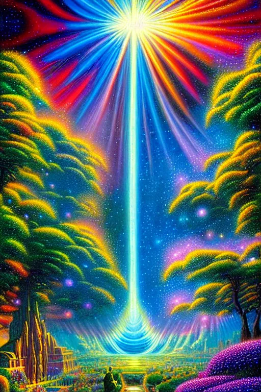 Prompt: a photorealistic detailed image of a beautiful vibrant iridescent future for humanity, spiritual evolution, divinity, utopian, garden, by david a. hardy, kinkade, lisa frank, wpa, public works mural, socialist