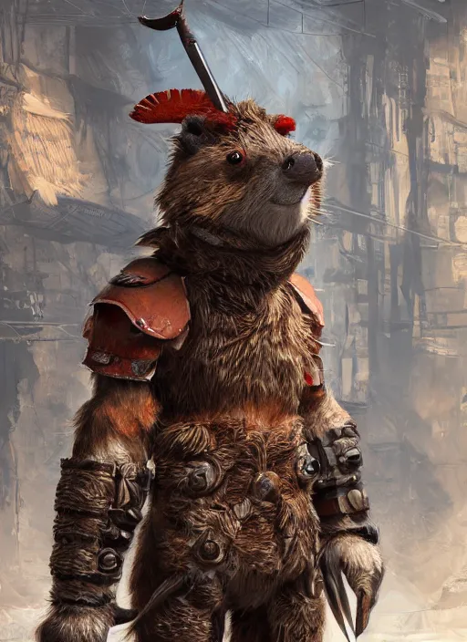 Prompt: detailed full body concept art illustration, oil painting on canvas of an anthropomorphic capybara barbarian in full intricate clothing, biomutant, dystopian, micro detail, octane render, 4K