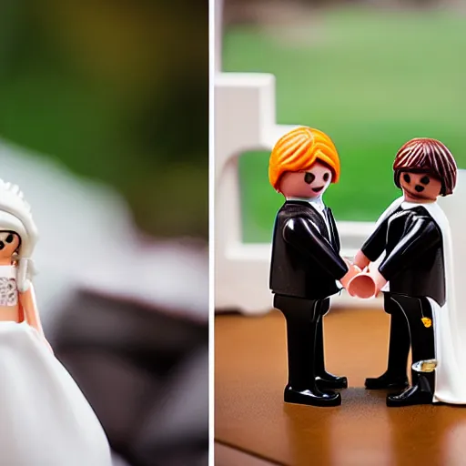 Prompt: A playmobil figurine bride and a lego figurine groom in a wedding ceremony.