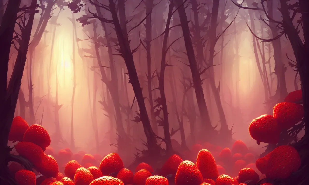 Image similar to Dark forest large strawberries, vector art, behance hd by Jesper Ejsing, by RHADS, Makoto Shinkai and Lois van baarle, ilya kuvshinov, rossdraws global illumination