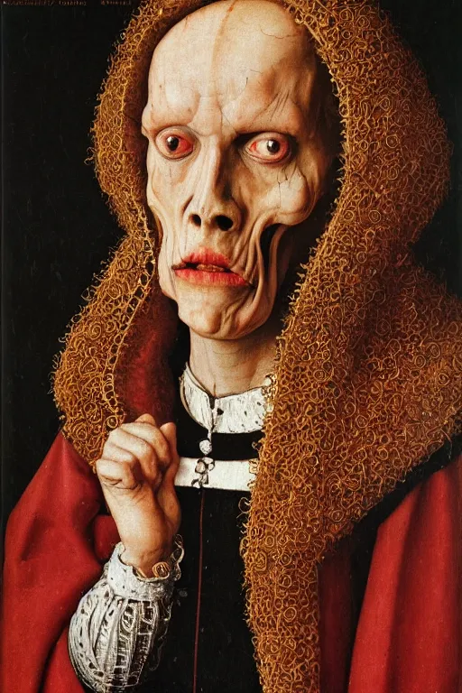 Image similar to portrait of ainz ooal gown, oil painting by jan van eyck, northern renaissance art, oil on canvas, wet - on - wet technique, realistic, expressive emotions, intricate textures, illusionistic detail
