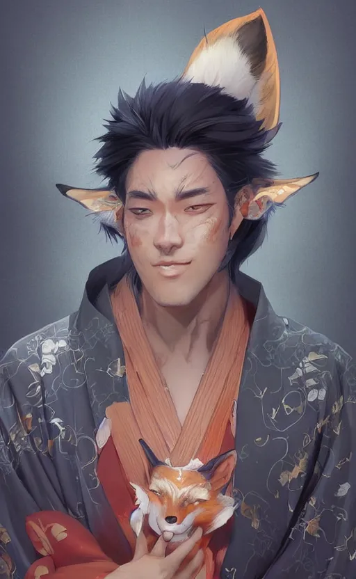 Prompt: An beautiful digital painting of a beautiful man with fox ears and nine tails wearing a kimono, by Stanley Artgerm Lau, WLOP, Rossdraws, James Jean, Andrei Riabovitchev, Marc Simonetti, and Sakimichan, tranding on artstation, SFW version