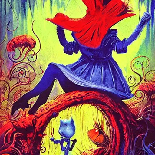 Image similar to alice in wonderland, by basil gogos and phillipe druillet and paul lehr, trending on artstation hq, deviantart, pinterest, 4 k uhd image