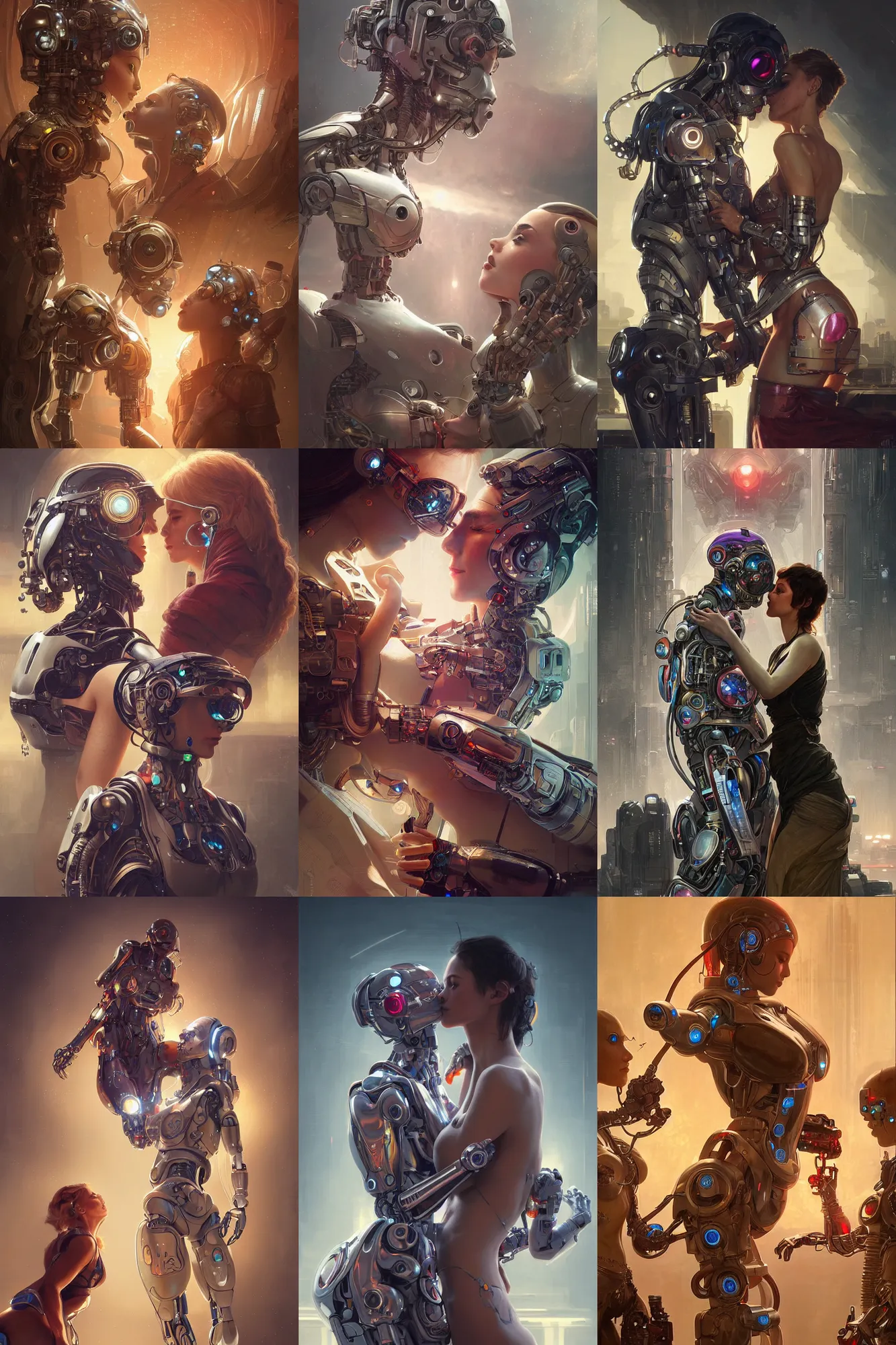 Prompt: Ultra realistic illustration, robot being kissed by two women, cyberpunk, sci-fi, fantasy, intricate, elegant, highly detailed, digital painting, artstation, concept art, smooth, sharp focus, illustration, art by artgerm and greg rutkowski and alphonse mucha