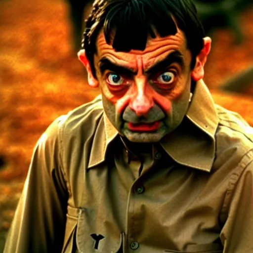 Image similar to mr. bean as rambo. movie still. cinematic lighting.