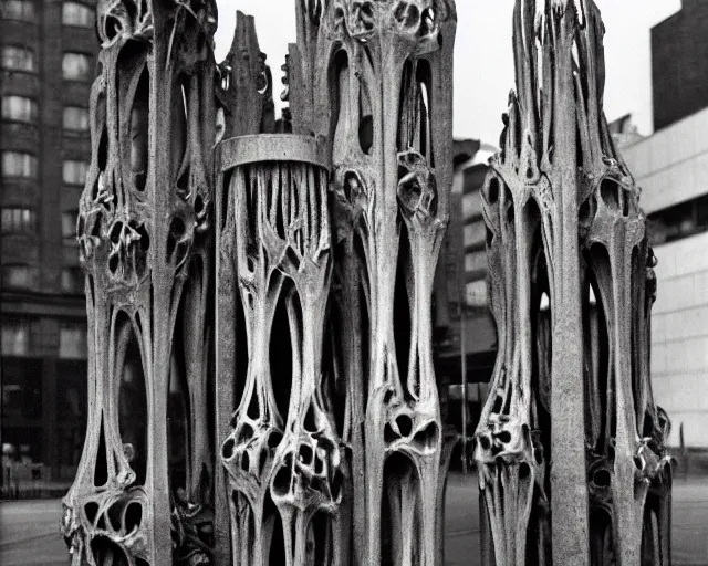 Image similar to by francis bacon, vivian maier, mystical photography evocative. an intricate fractal concrete and steel carved sculpture of the secret faces of god and a pile of bones, standing in a city center.