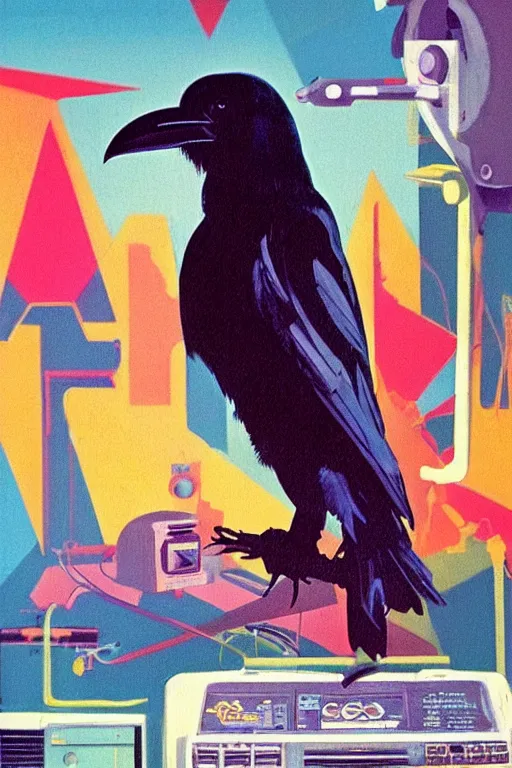 Prompt: a raven standing amongst 8 0 s era technology, vintage shapes, retro technology, dreamy color, wayne barlow, oil on canvas, deep depth of field, masterpiece, cinematic composition, hyperdetailed