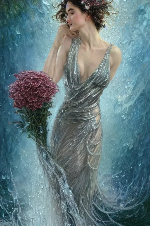 Image similar to portrait of a beautiful woman wearing a silver metalic dress, holding a bouquet of flowing flowers, drenched body, wet dripping hair, emerging from the water, fantasy, regal, fractal crystal, fractal gems, by stanley artgerm lau, greg rutkowski, thomas kindkade, alphonse mucha, loish, norman rockwell.