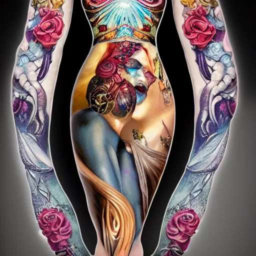 Image similar to blonde girl in a cosmic dress, full-body tattoos, ornate, rococo, grotesque, zbrush art, majestic, organics, silver filigree, colorful, dark fantasy, celtic knot, anatomical, h r giger style, moebius, frank frazetta, ornate, art nouveau, symmetrical, turquoise jewelry, red smoke, roses, unbiased render, rotten, Emil melmoth, eerie, macabre, haunting + insanely detailed and intricate, floral, faded pink, hypermaximalist, elegant, vintage, hyper realistic, super detailed, pastel colors,