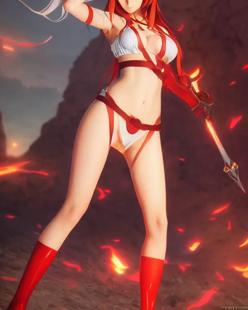 Image similar to pinup photo of asuna from sao in flame dungeon, asuna by a - 1 pictures, by greg rutkowski, gil elvgren, enoch bolles, glossy skin, pearlescent, anime, very coherent, maxim magazine, 3 d, vray, unreal 5, octave rendey, maya