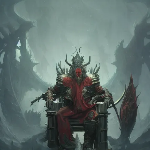 Prompt: Illustration Lord from hell on the throne, black eyes, dragon teeth, league of legends wallpapers, piotr jablonski, greg rutkowski