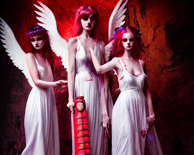 Image similar to three soldiers with beautiful angelic faces, wearing psychedelic wicca, in wedding dresses, red neon weapons, full body, dark and mysterious, atmospheric, ominous, eerie, cinematic light, epic, 8 k 3 d, ultra detail, ultra realistic, by wlop, by mucha, by giger