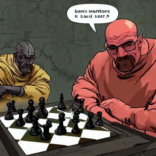 Prompt: the doom slayer trying to defeat walter white at chess