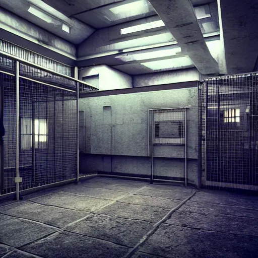 Image similar to cyberpunk futuristic prison, prison complex, prison cell, dark, barred windows, moody atmosphere, police lights, ultra - realistic, night photography, artstation award