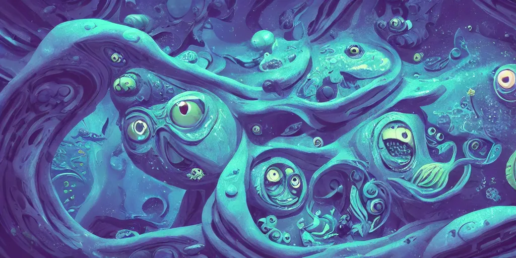 Image similar to of an intricate deep sea with strange cute friendly happy creatures with huge eyes, mouth, long tongue, round teeth and goofy face, appearing from the background, in the style of gehry and gaudi, macro lens, shallow depth of field, ultra detailed, digital painting, trending artstation, concept art, illustration, cinematic lighting, photorealism, epic, octane render