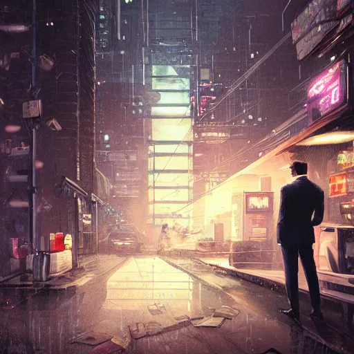 Image similar to portrait of a businessman handing the viewer an envelope, detailed digital illustration by greg rutkowski, cyberpunk back alley, nighttime