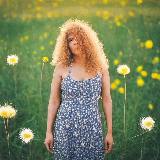 Image similar to a portrait of a beautiful 3 5 year old racially ambiguous woman, curly blond hair, standing in a field of soft focus dandelion flowers on a lovely spring day