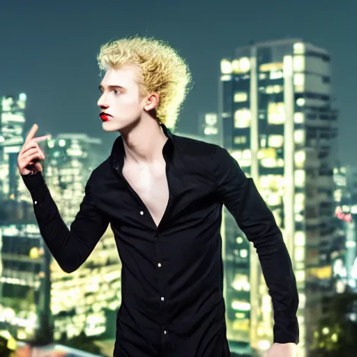 Prompt: a beautiful young male vampire, pale skin with dark veins, totally black eyes, blond curly hairs. Modern dress. Night scene. Front view. High detailed. Urban background. Ciematic lighting.