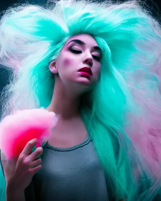 Image similar to a dramatic lighting photo of a beautiful young woman with cotton candy hair. blood splashes with a little bit of cyan and pink